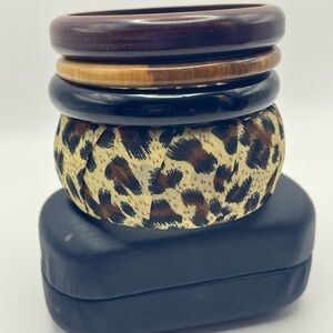 Wide Fabric Leopard Print and Mixed Wood and Acrylic Stack Bangle Bracelets